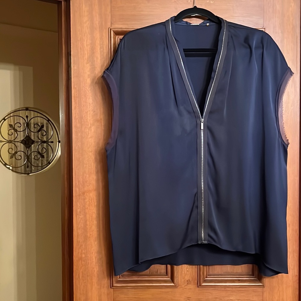 Elie Tahari Zipper Detail Navy Silk Blouse